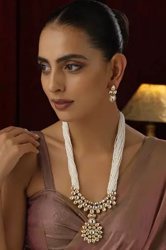 White kundan long necklace set
