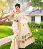 Cream embroidery cotton kasavu saree with running blouse