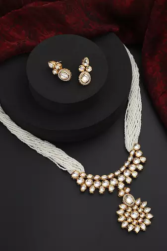 White kundan long necklace set