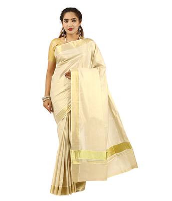 Cream embroidery cotton kasavu saree with running blouse 1