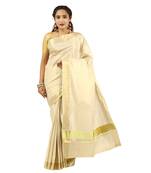 Cream embroidery cotton kasavu saree with running blouse