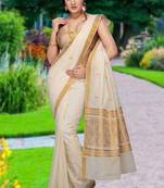 Cream embroidery cotton kasavu saree with running blouse