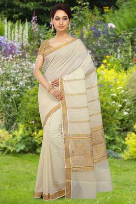 Cream embroidery cotton kasavu saree with running blouse 1