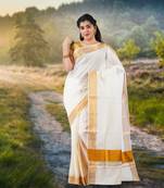 Cream embroidery cotton kasavu saree with running blouse