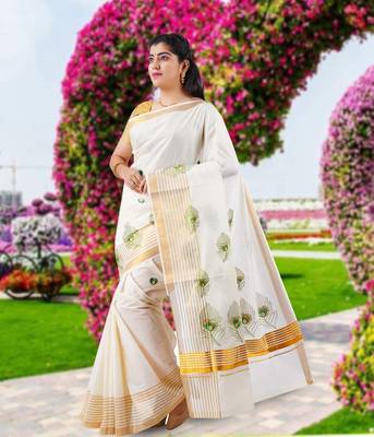 Cream embroidery cotton kasavu saree with running blouse 1