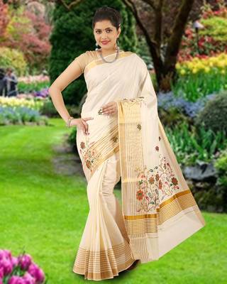 Cream embroidery cotton kasavu saree with running blouse 1