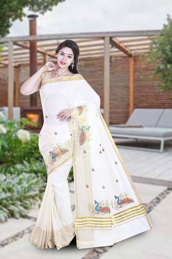 Cream embroidery cotton kasavu saree with running blouse