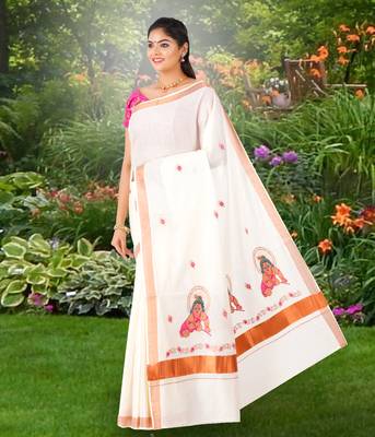 Cream embroidery cotton kasavu saree with running blouse 1
