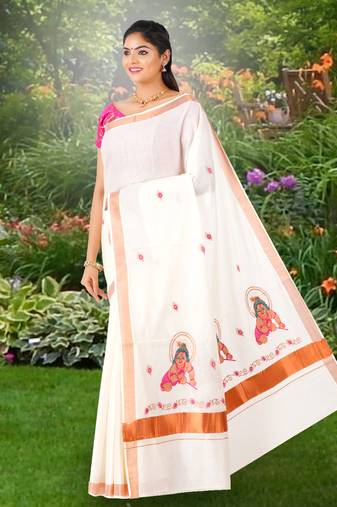 Cream embroidery cotton kasavu saree with running blouse