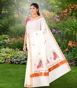 Cream embroidery cotton kasavu saree with running blouse