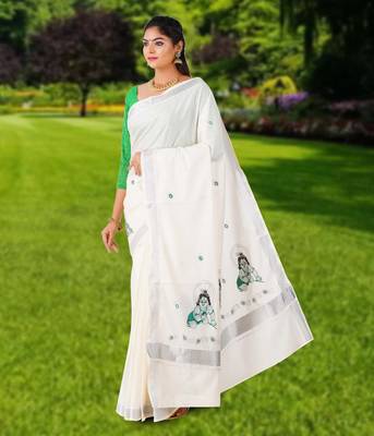 Cream embroidery cotton kasavu saree with running blouse 1