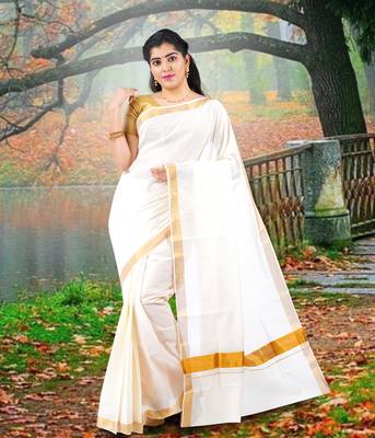 Cream embroidery cotton kasavu saree with running blouse 1
