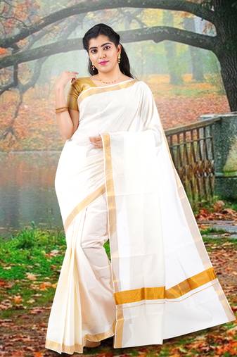 Cream embroidery cotton kasavu saree with running blouse