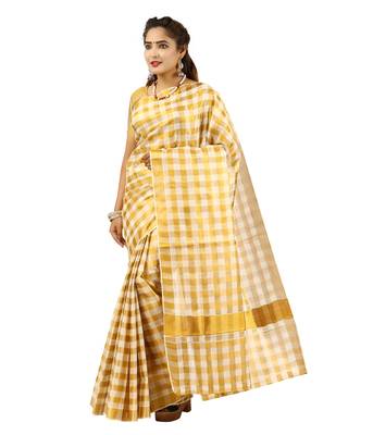 Cream embroidery cotton kasavu saree with running blouse 1