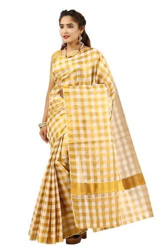 Cream embroidery cotton kasavu saree with running blouse