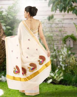Cream embroidery cotton kasavu saree with running blouse 2