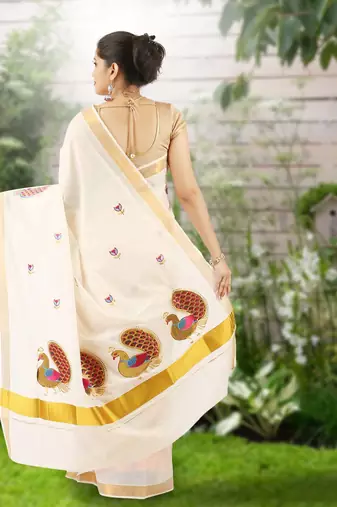 Cream embroidery cotton kasavu saree with running blouse