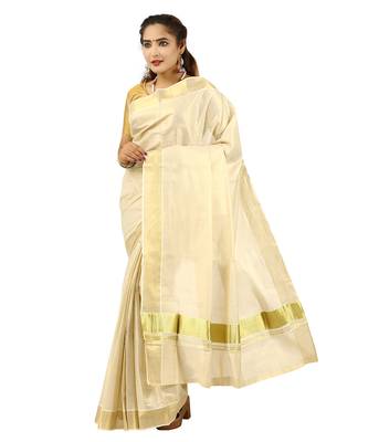 Cream embroidery cotton kasavu saree with running blouse 2