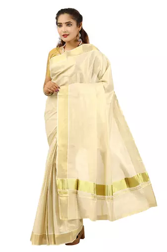 Cream embroidery cotton kasavu saree with running blouse