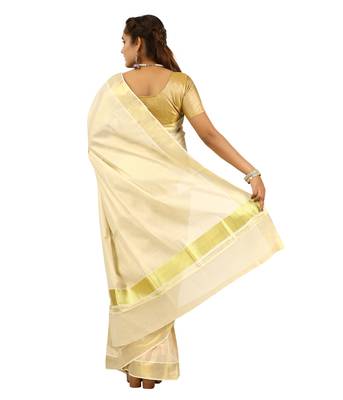 Cream embroidery cotton kasavu saree with running blouse 3
