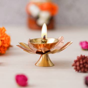One copper and golden lotus flower shape decorative brass diya 1