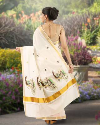 Cream embroidery cotton kasavu saree with running blouse 2
