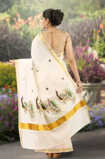 Cream embroidery cotton kasavu saree with running blouse
