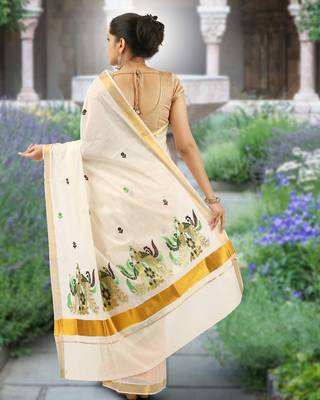 Cream embroidery cotton kasavu saree with running blouse 2