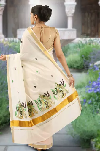 Cream embroidery cotton kasavu saree with running blouse
