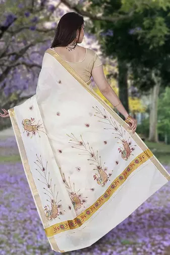 Cream embroidery cotton kasavu saree with running blouse