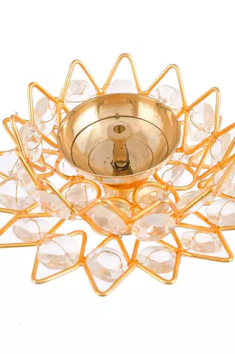 1 golden lotus shaped crystal brass diya