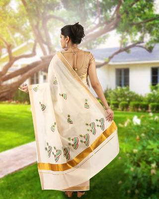 Cream embroidery cotton kasavu saree with running blouse 2