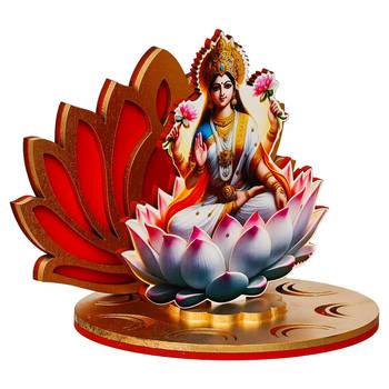 One mdf wooden goddess lakshmi sitting on lotus flower decorative showpiece 1