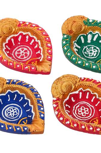 Set of 4 decorative clay diyas terracotta deepam oil lamps, mitti diya