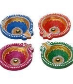 Set of 4 multicolor hand painted decorative clay diyas, deepam oil lamps