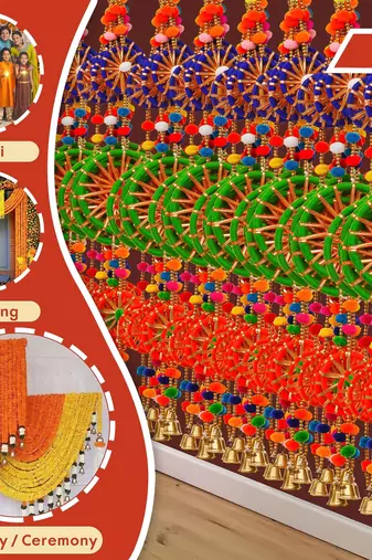 Pack of 10 rings with pom-pom tassels bell wall hangings toran