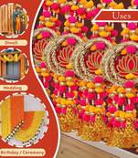 Pack of 10 lotus in golden rings with pom pom, bell hangings toran