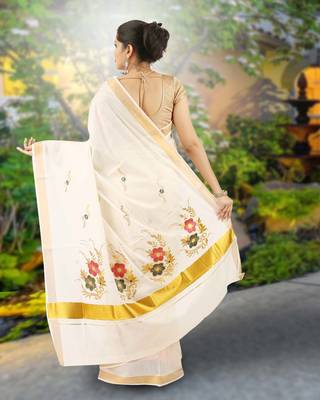 Cream embroidery cotton kasavu saree with running blouse 2