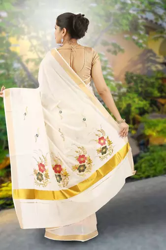 Cream embroidery cotton kasavu saree with running blouse
