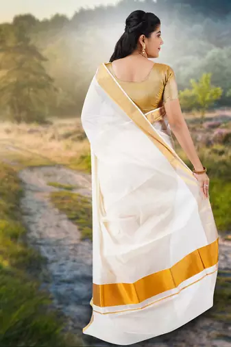 Cream embroidery cotton kasavu saree with running blouse