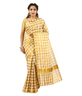 Cream embroidery cotton kasavu saree with running blouse 2