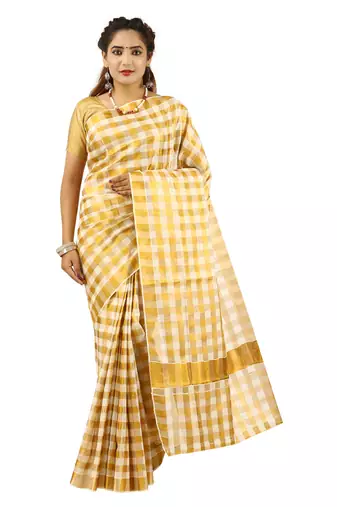 Cream embroidery cotton kasavu saree with running blouse