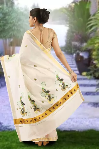 Cream embroidery cotton kasavu saree with running blouse