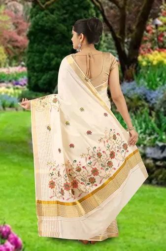 Cream embroidery cotton kasavu saree with running blouse