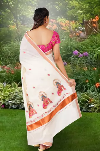 Cream embroidery cotton kasavu saree with running blouse