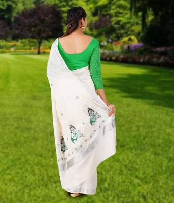 Cream embroidery cotton kasavu saree with running blouse 2