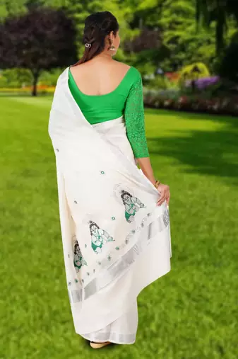 Cream embroidery cotton kasavu saree with running blouse