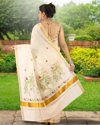 Cream embroidery cotton kasavu saree with running blouse 2