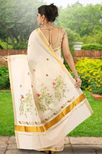 Cream embroidery cotton kasavu saree with running blouse