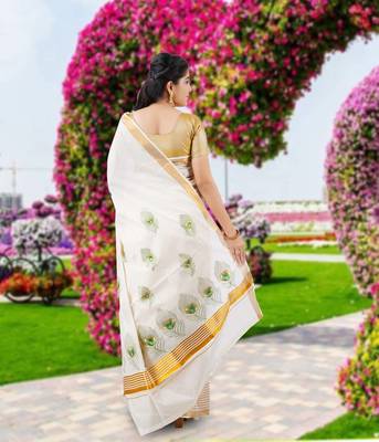 Cream embroidery cotton kasavu saree with running blouse 2